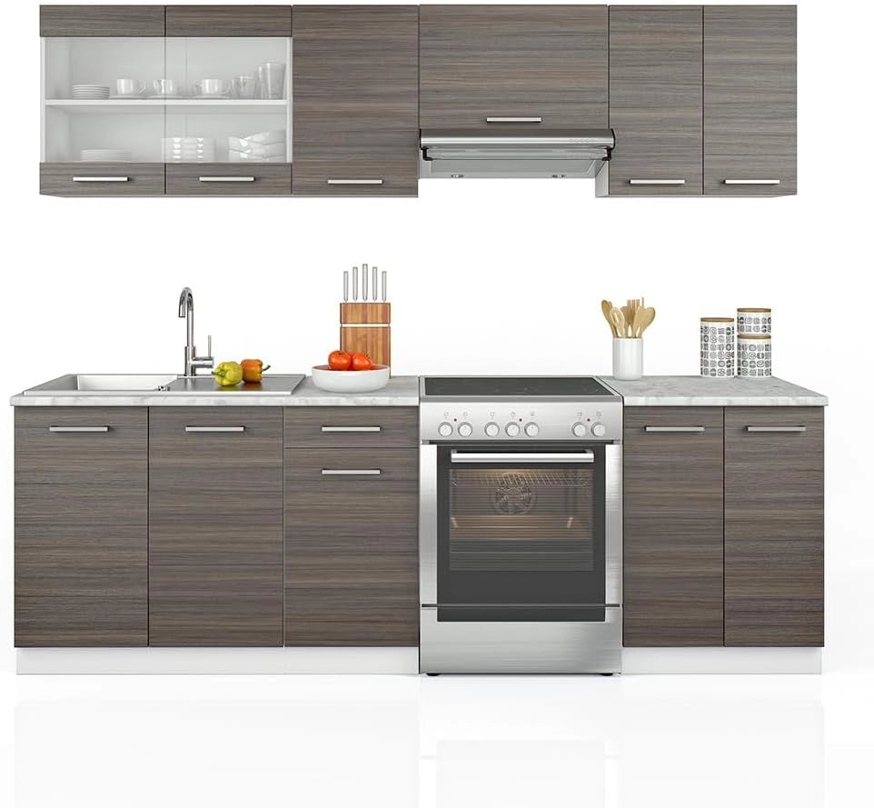 Mobile da cucina Raul, Grigio prezioso/bianco, 240 cm, PL Marmo, combinabile in modo flessibile con elementi modulari