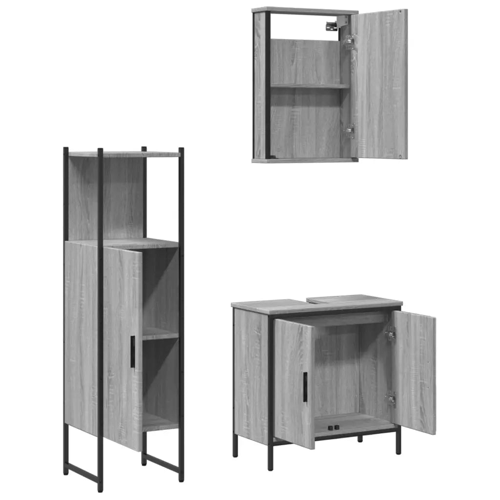 Set Mobili da Bagno | Armadio da bagno 3 pz Grigio Sonoma in Legno Multistrato