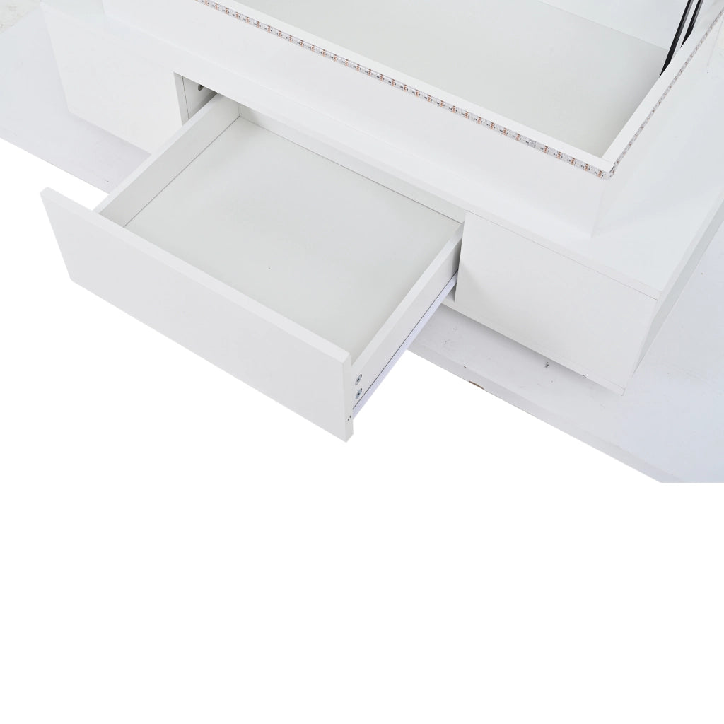 Tavolino da salotto 96x45x40 cm; sollevabile con vano contenitore e cassetto; truciolare bianco