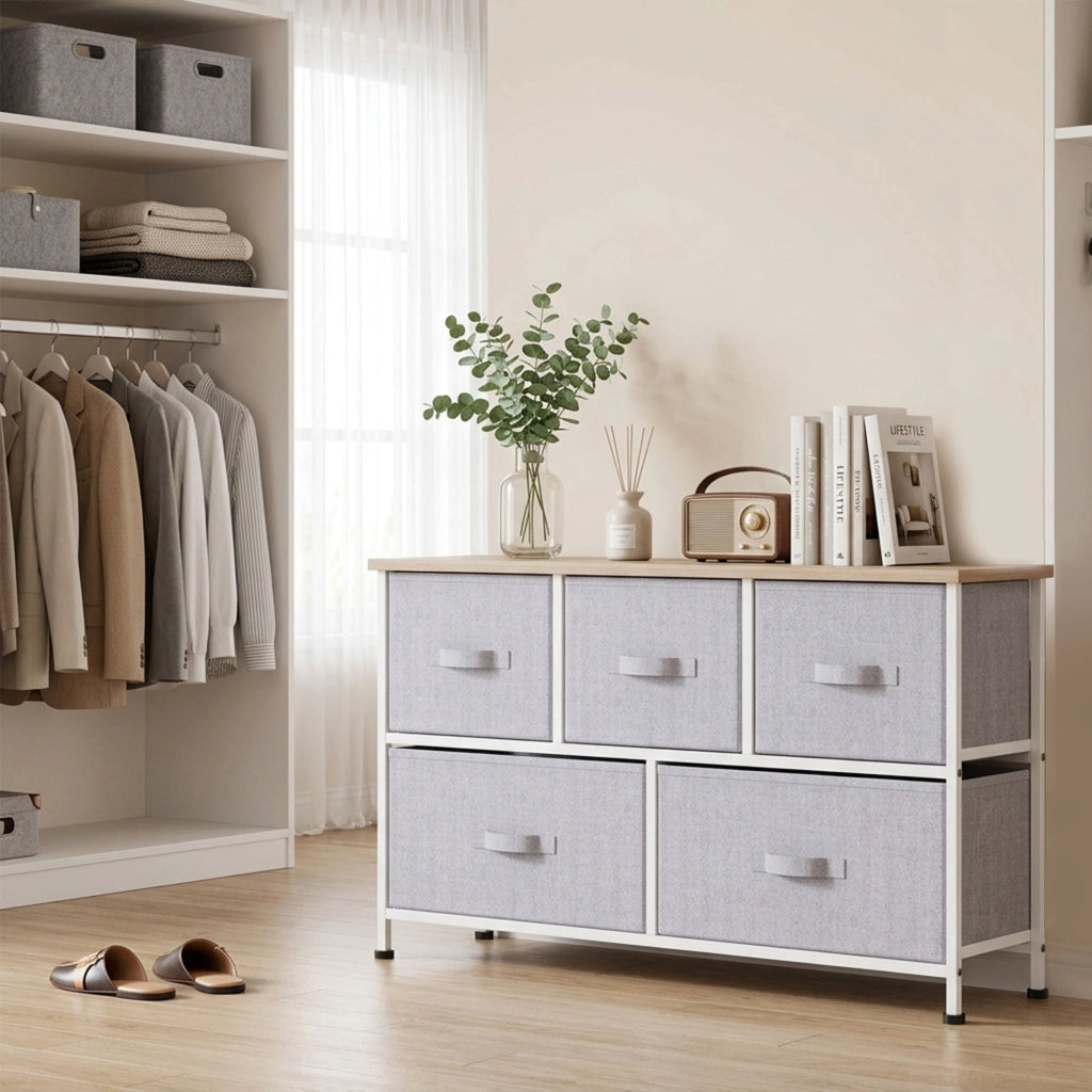 Cassettiera Tessuto 5 Cassetti ¨C Zephmum ¨C Grigio 100x30x54 cm