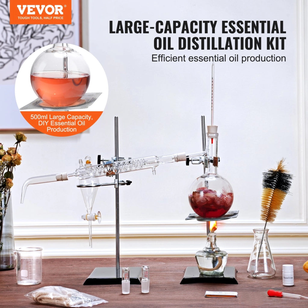 Kit Distillazione Oli Essenziali 500 ml Set da 28 Pezzi YHEO-3 in Vetro Borosilicato 3.3 con Giunti 24/40 e Lampada ad Alcool