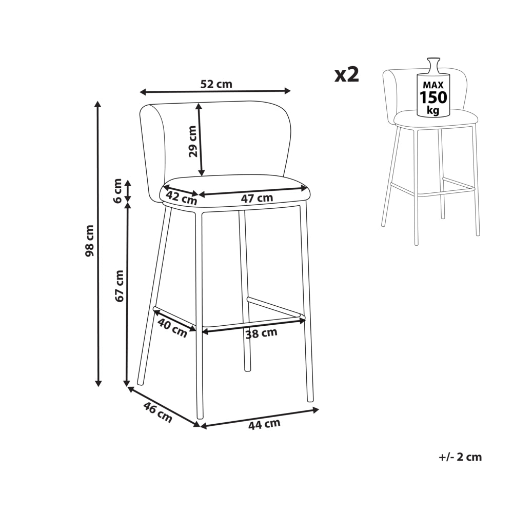Set di 2 sedie da bar Rivestimento in bouclé tortora Gambe in metallo nero Sgabelli senza braccioli Schienale curvo Sala da pranzo moderna Cucina