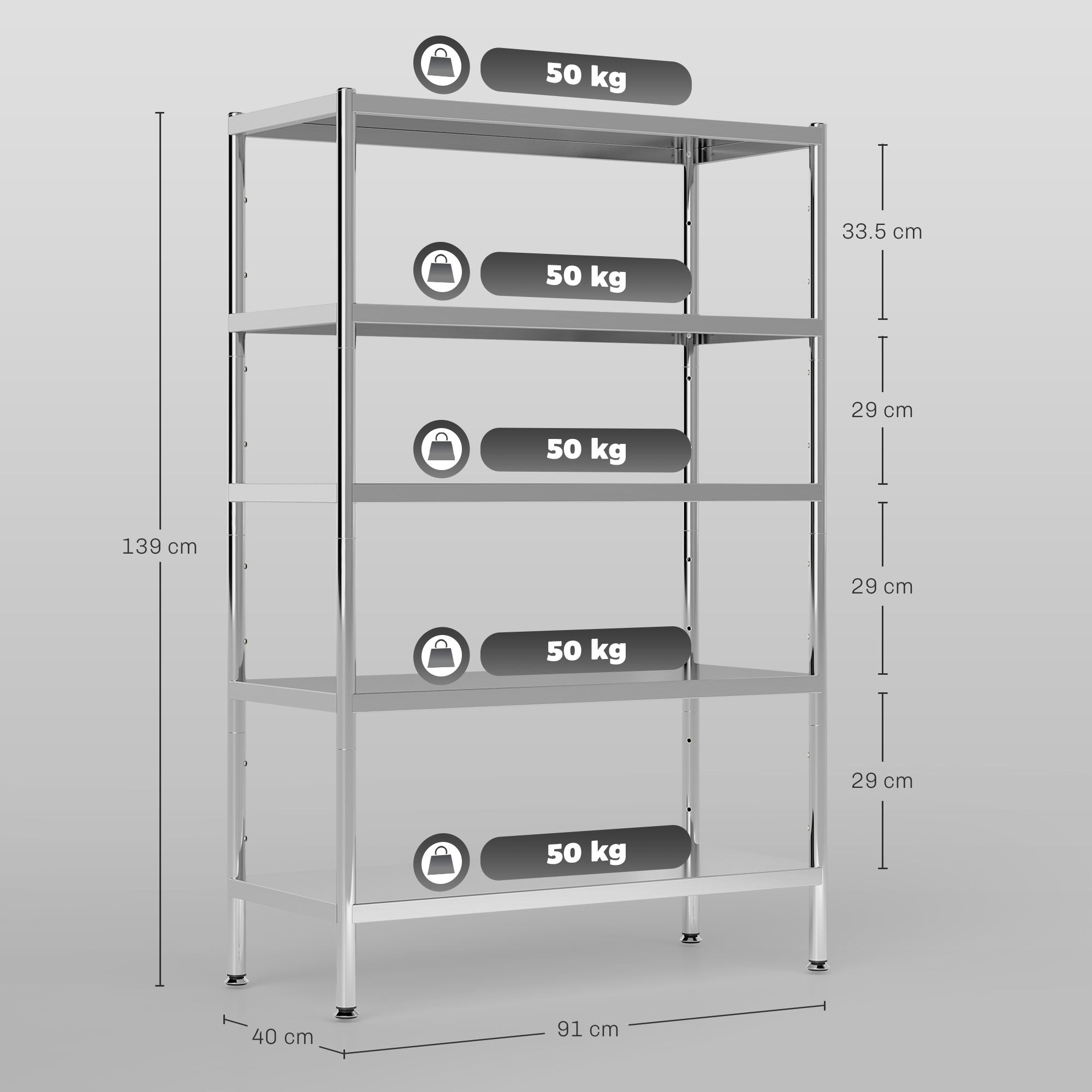 Scaffale da Cucina a 5 Livelli Regolabili 91x40x139 cm in Acciaio Inox Argento