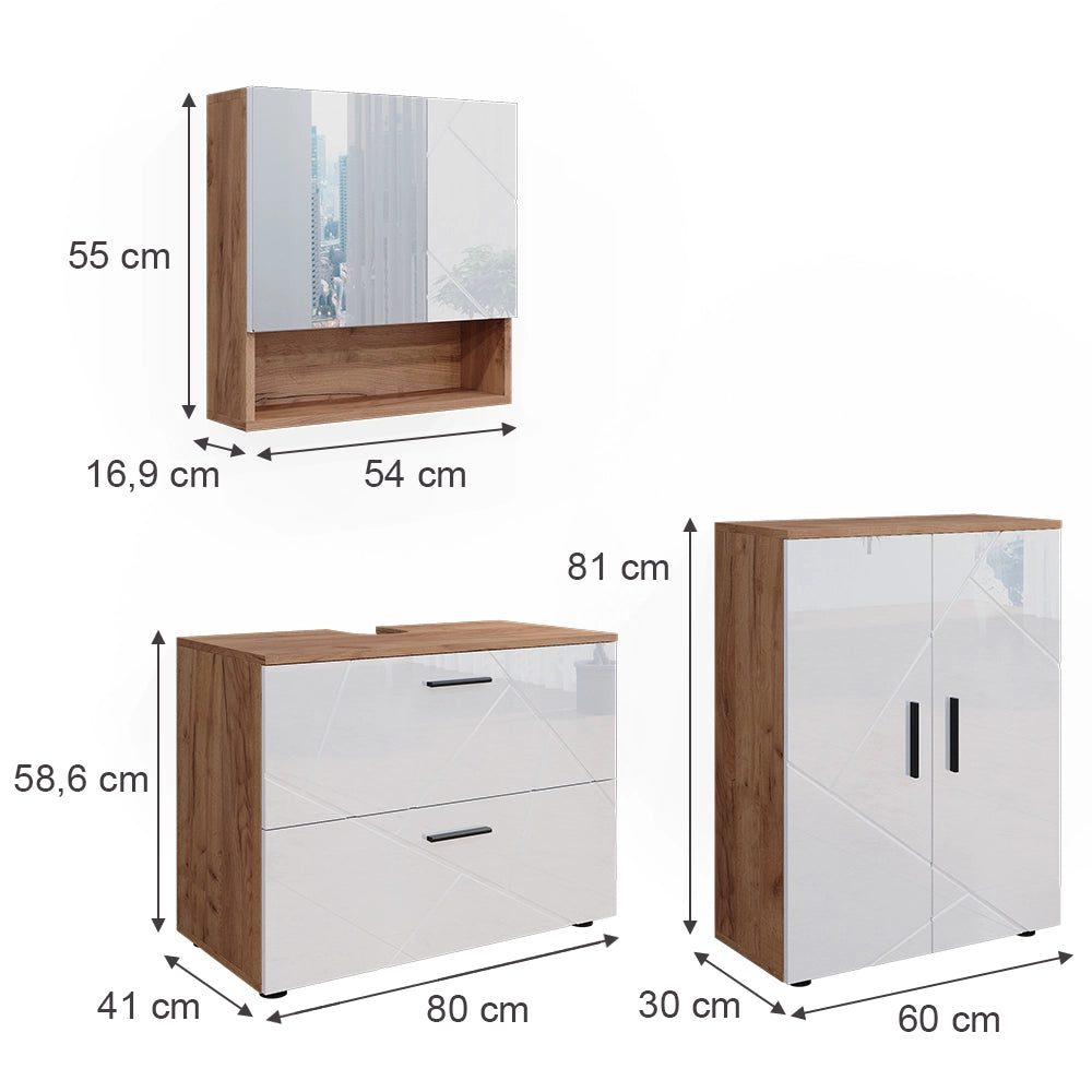 Vicco Set di mobili da bagno Bianco lucido/oro power oak 3 parti