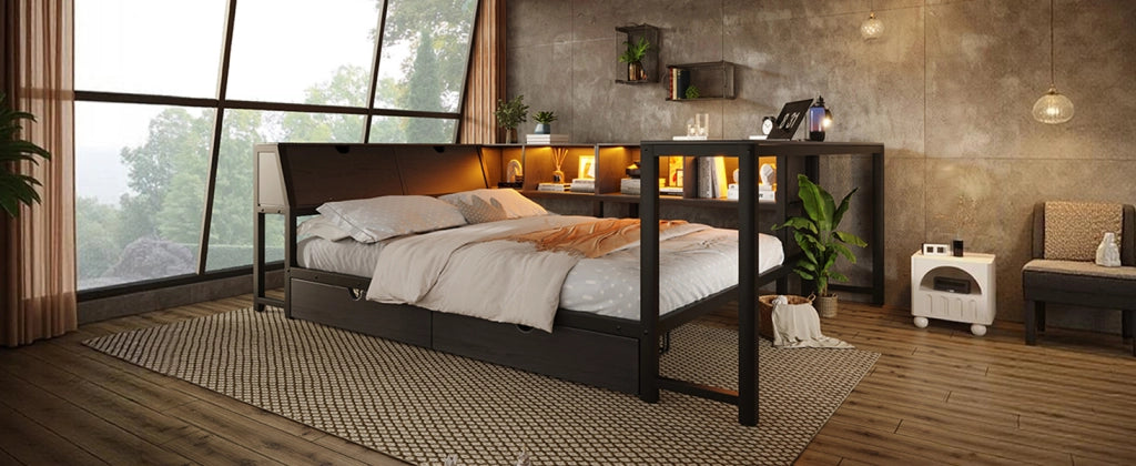 Letto in metallo 140x200 multifunzionale con scrivania integrata, testiera contenitore e LED, nero