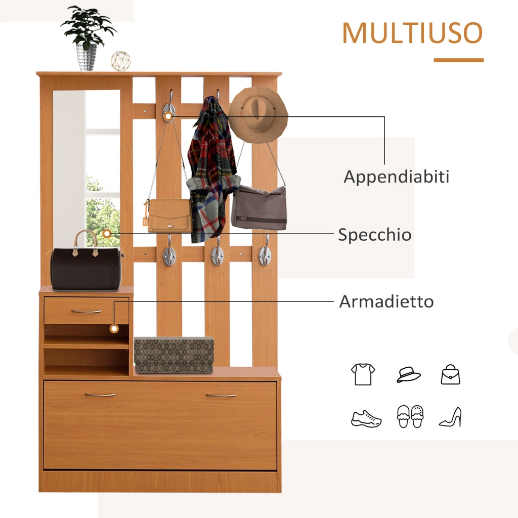 EasyComfort Set Mobili Ingresso Moderno con Scarpiera e Specchio, Appendiabiti da Ingresso con 6 Ganci, 2 Ripiani Regolabili e Cassetti in Legno per Corridoio, 90x24x166 cm, Legno