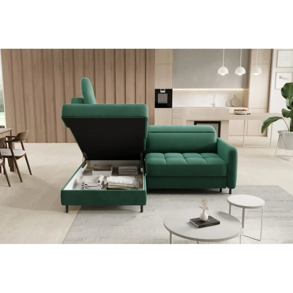 Divano angolare sinistro convertibile BARNEA 208 cm verde scuro con contenitore