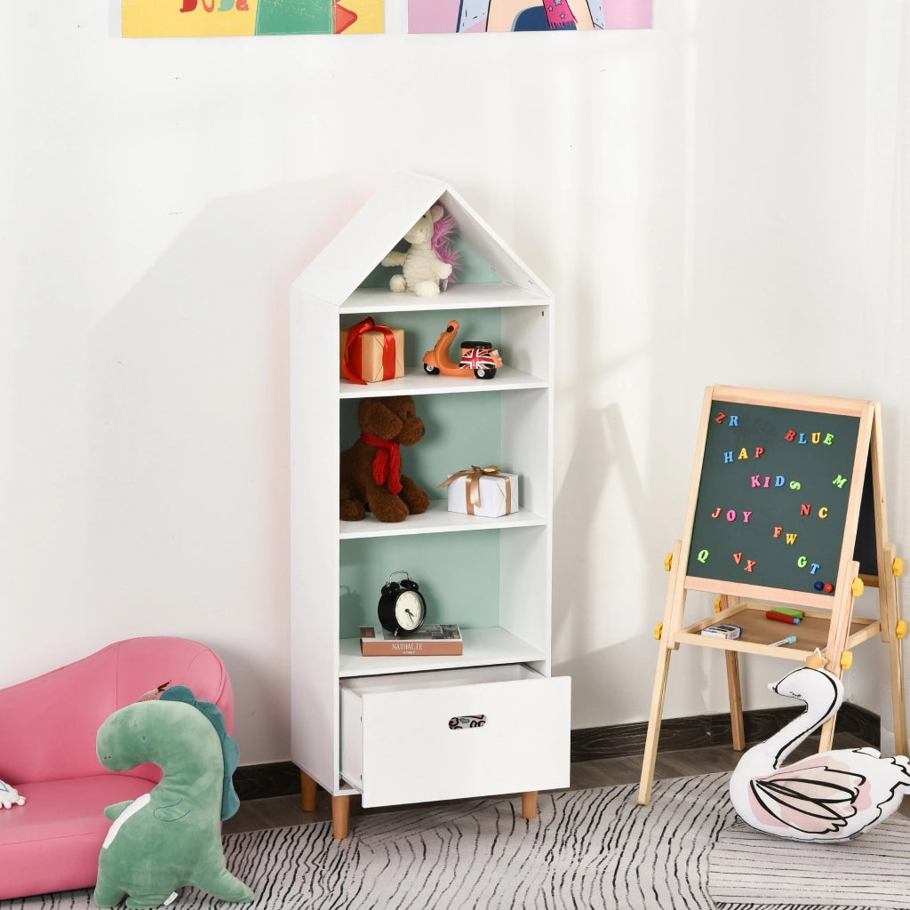 EasyComfort Libreria Scaffale Portagiochi per Cameretta Bimbi e Ragazzi, 1 Cassetto e 4 Ripiani, Bianca e Azzurra 50x30x142cm