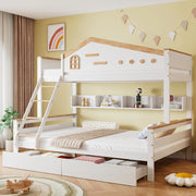 Letto a castello 90x200 cm e 140x200 cm con finestre; scala a 4 gradini e cassetti; bianco naturale