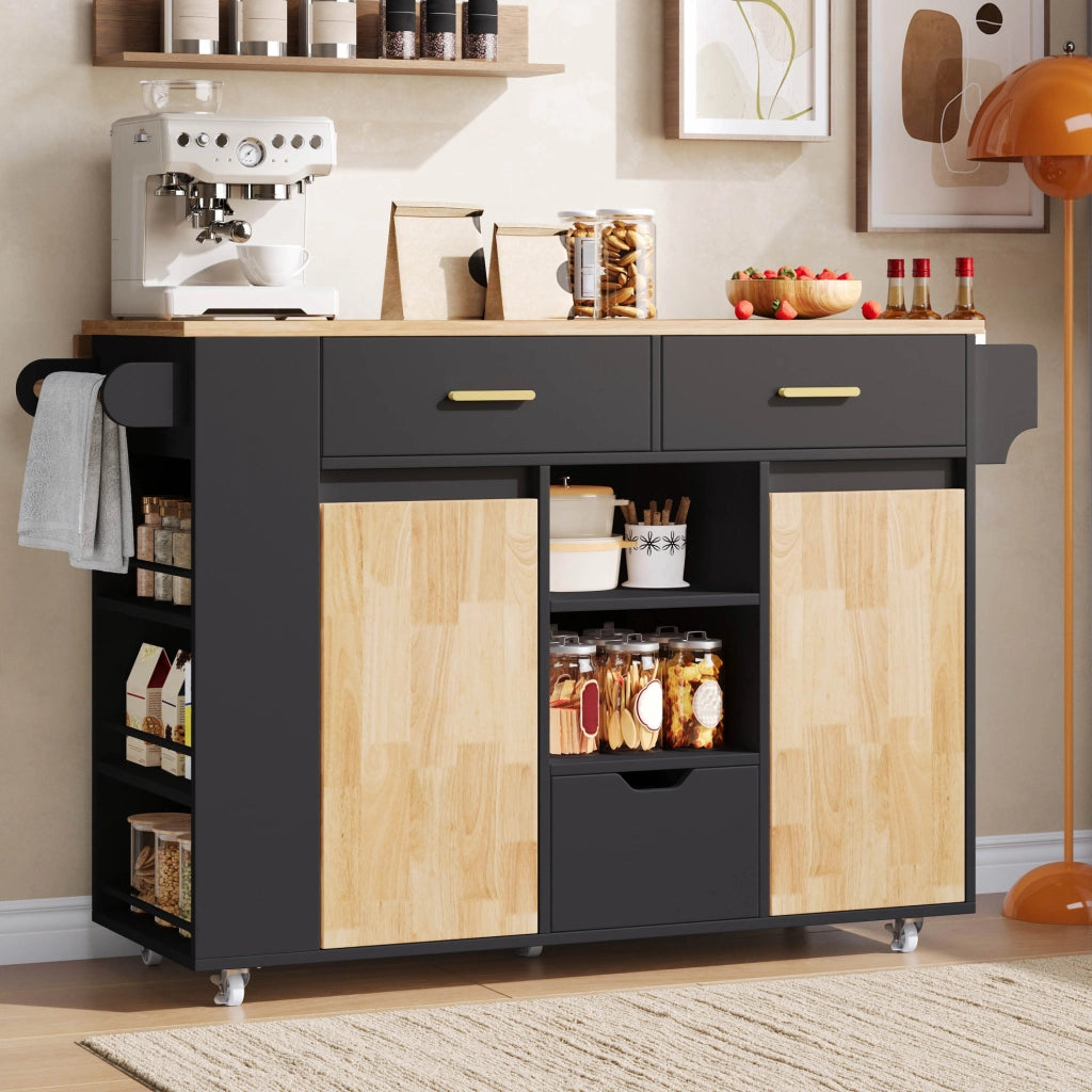 Isola cucina con piano ribaltabile 120x45(71)x90 cm in MDF nero e effetto legno