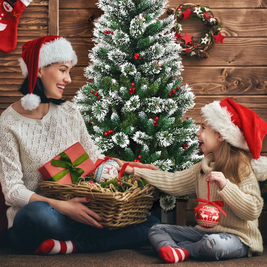 Albero di Natale 180 cm innevato e non illuminato, Abete artificiale con bacche rosse