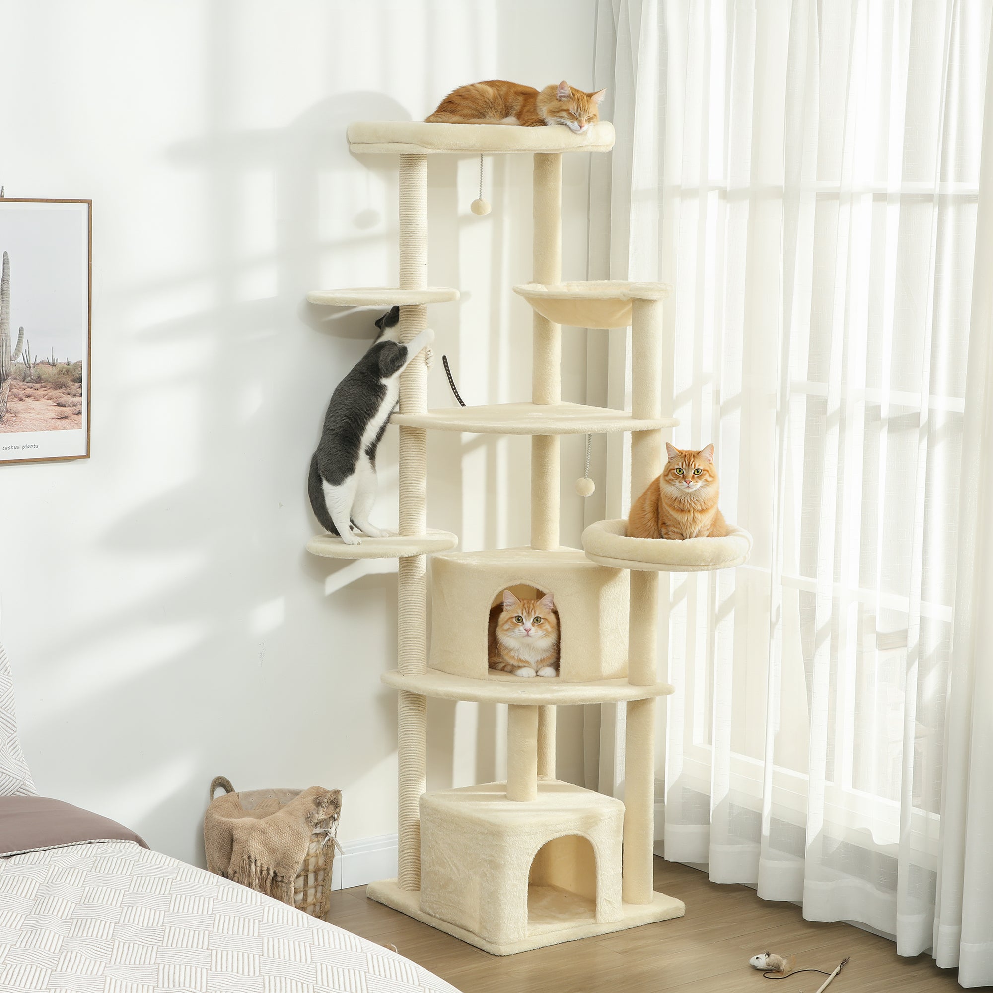 Albero Tiragraffi per Gatti Alto 200 cm Multilivello con Casette Lettini e Amaca in Peluche Beige
