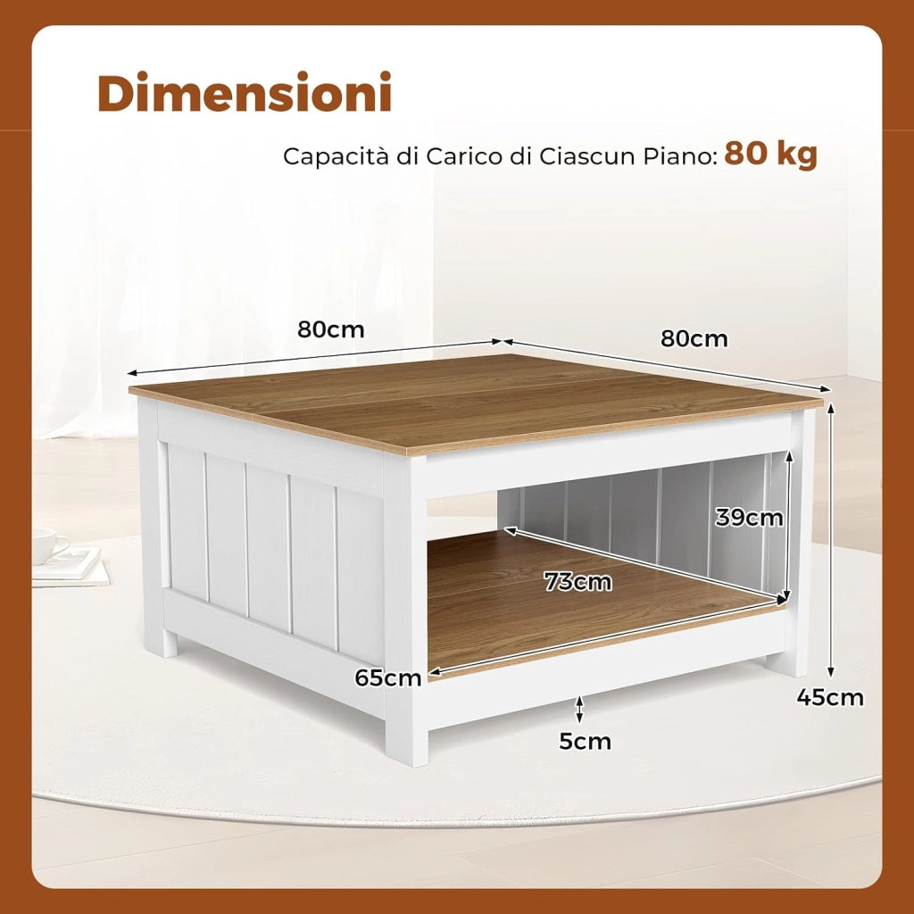 Tavolino da Salotto, Tavolino da Caffè in Legno con 2 Ripiani Aperti, Tavolo Moderno e Rettangolare per Soggiorno, Camera da Letto e Studio, Portata 160 kg, 80 x 80 x 45 cm