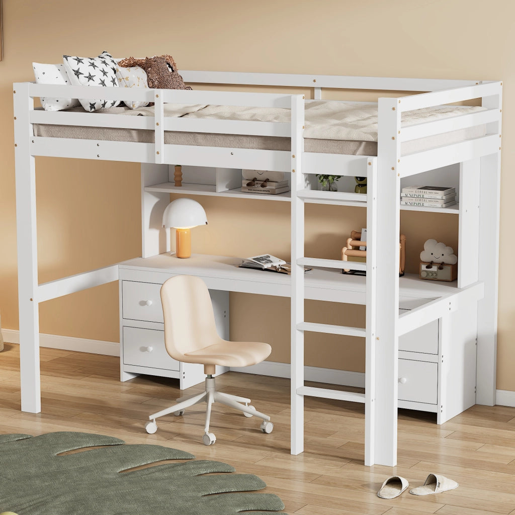 Letto a castello bianco in pino con funzione scrivania e spazio contenitivo 90x200 cm