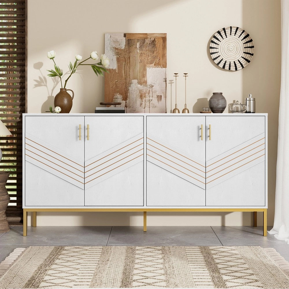 Credenza Moderna con 4 Ante ¨C MINIMAL ¨C Bianco e Oro, MDF, Gambe in Metallo, Ripiani Regolabili