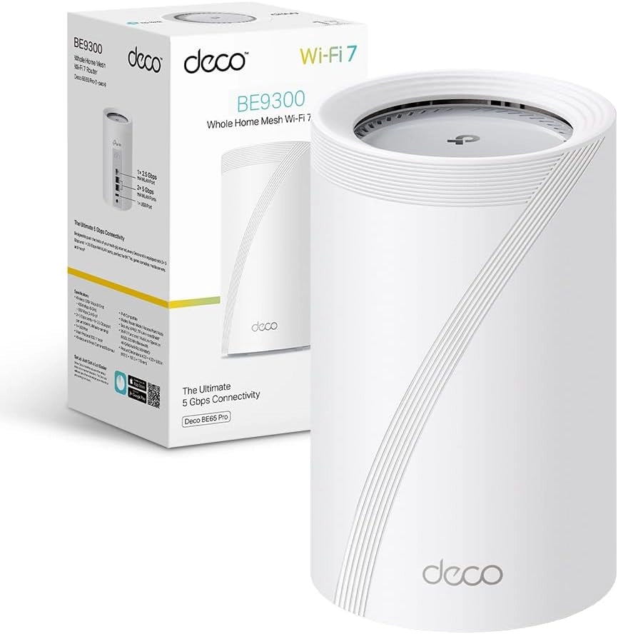TP-Link WiFi 7 Deco BE65 Pro Router Mesh WiFi, BE 9300Mbps Tri-Band, Canali 320 MHz,2 Porte 5Gbps,Porta 2,5 Gbps, Alexa, HomeShield, MLO, Funziona con Qualsiasi ISP e Modem, 4 Antenne Interne, 1 Pezzo