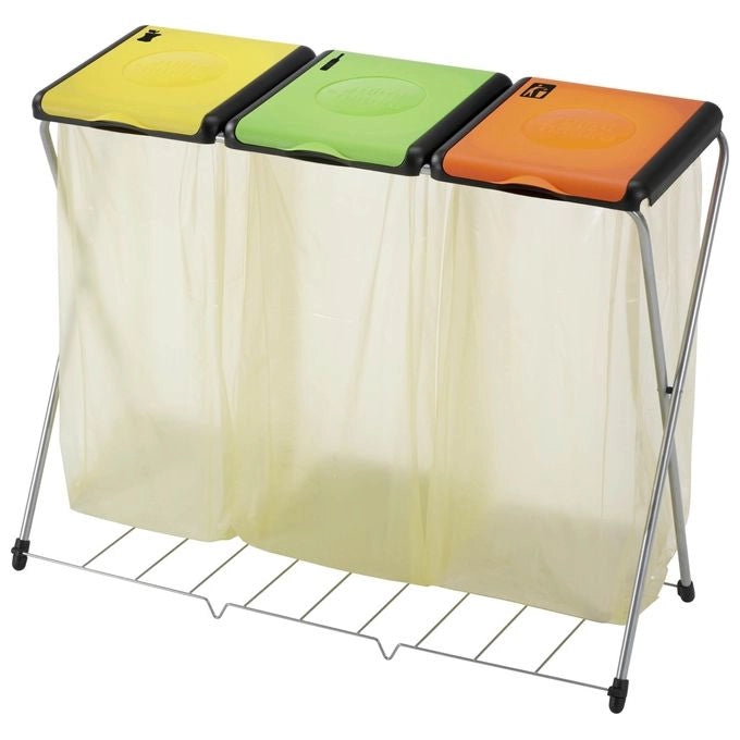 Gimi 154404 Nature Plus 3 Portarifiuti per Raccolta Differenziata 3 Scomparti 130 L con Coperchi Colorati e Griglia Reggisacco colore Verde Arancione Giallo