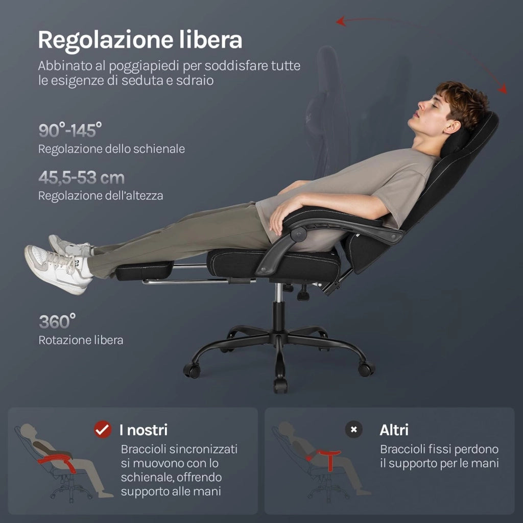 Sedia Gaming con Massaggio, Sedia da Ufficio Ergonomica Girevole Ampia Imbottita per Computer con Cuscino Lombare Massaggiante, Carico 150 Kg, Tessuto a rete, Nero+Bianco