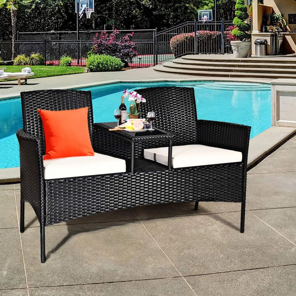 Panchina da Giardino in Polyrattan, 2 Posti, con Tavolo e Cuscino, Set da Giardino in Rattan, per Balcone, Terrazza, 138x62x85cm, 3 Colori (Bianco)