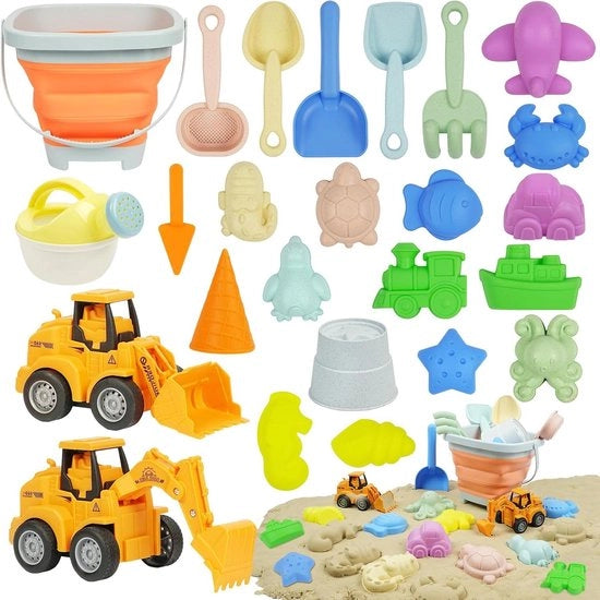 25 pezzi di set di strumenti per bambini con secchio ripiegabile - Bulldozer giocattolo modello, secchiello, vanga - Adatto per interni ed esterni