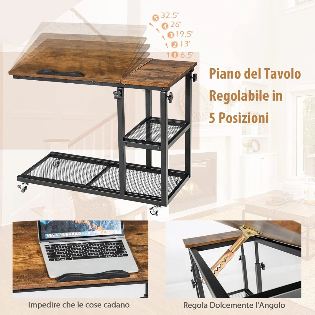 Tavolino Porta PC Regolabile in Altezza e Inclinazione, Tavolo Laterale per Letto e Divano con Ruote, Tavolino in Legno e Metallo per Salotto e Camera da letto, 80 x 40 x 64-95 cm (marrone)