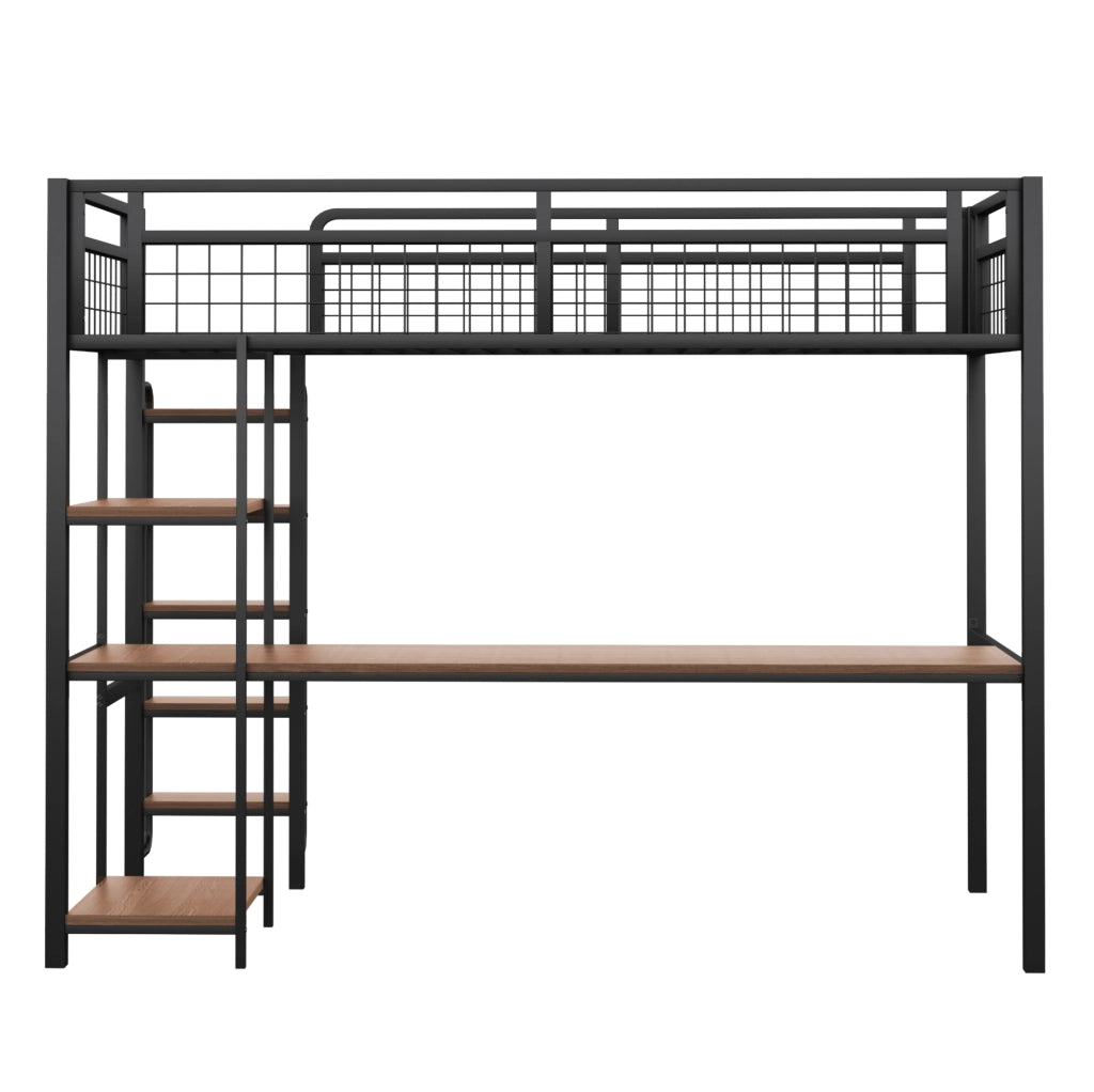 Letto a soppalco in metallo 90x200 cm nero con scrivania; ripiani e scala con gradini
