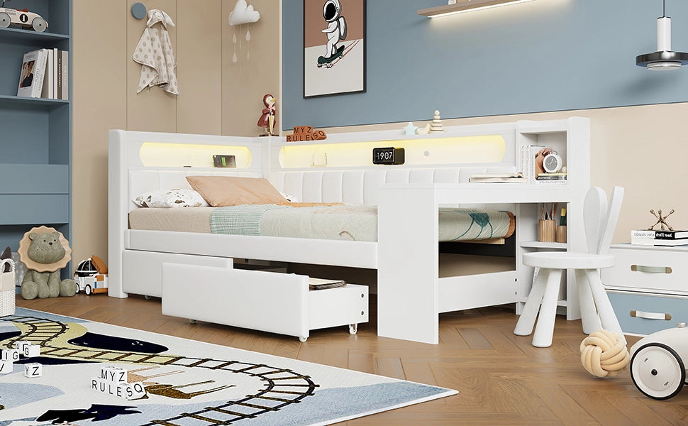 DESMIU Lit banquette 90 × 200 cm 1 place avec bureau, 2 tiroirs, LED et USB, sans matelas, blanc