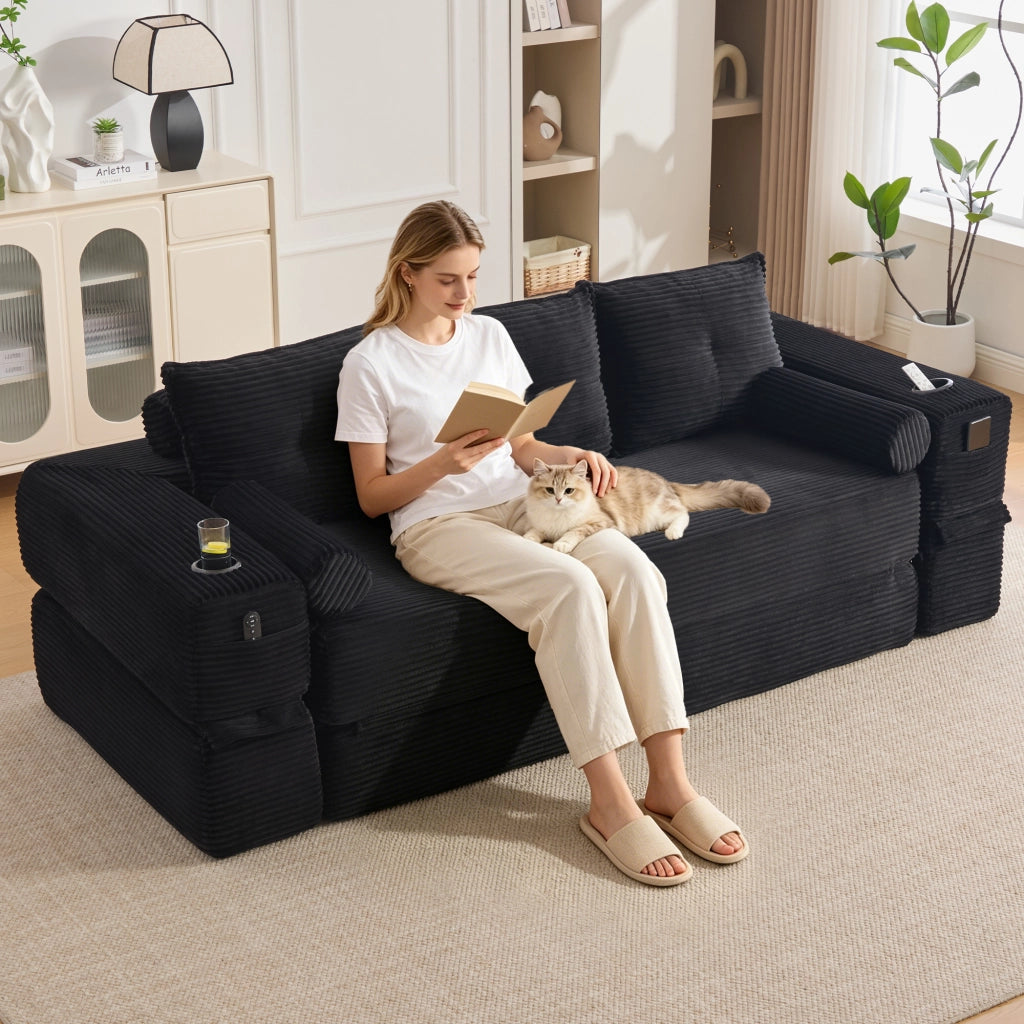 Divano letto modulare in velluto a coste con cuscini memory, tasche laterali e portabevande, nero 232 × 98 × 80 cm