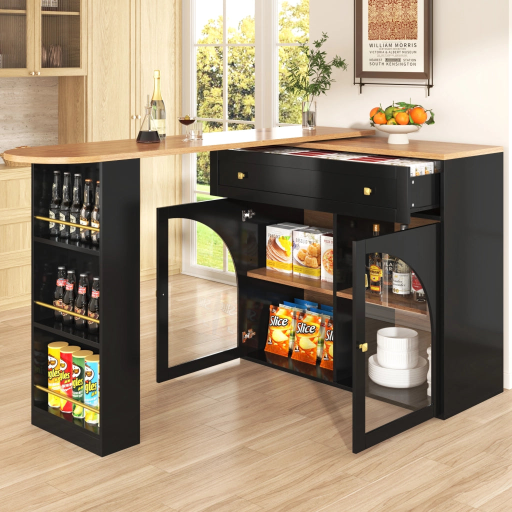 Tavolo da pranzo allungabile con scaffale laterale a 3 ripiani e ante in vetro girevole per cucina 138-204x39x104 cm