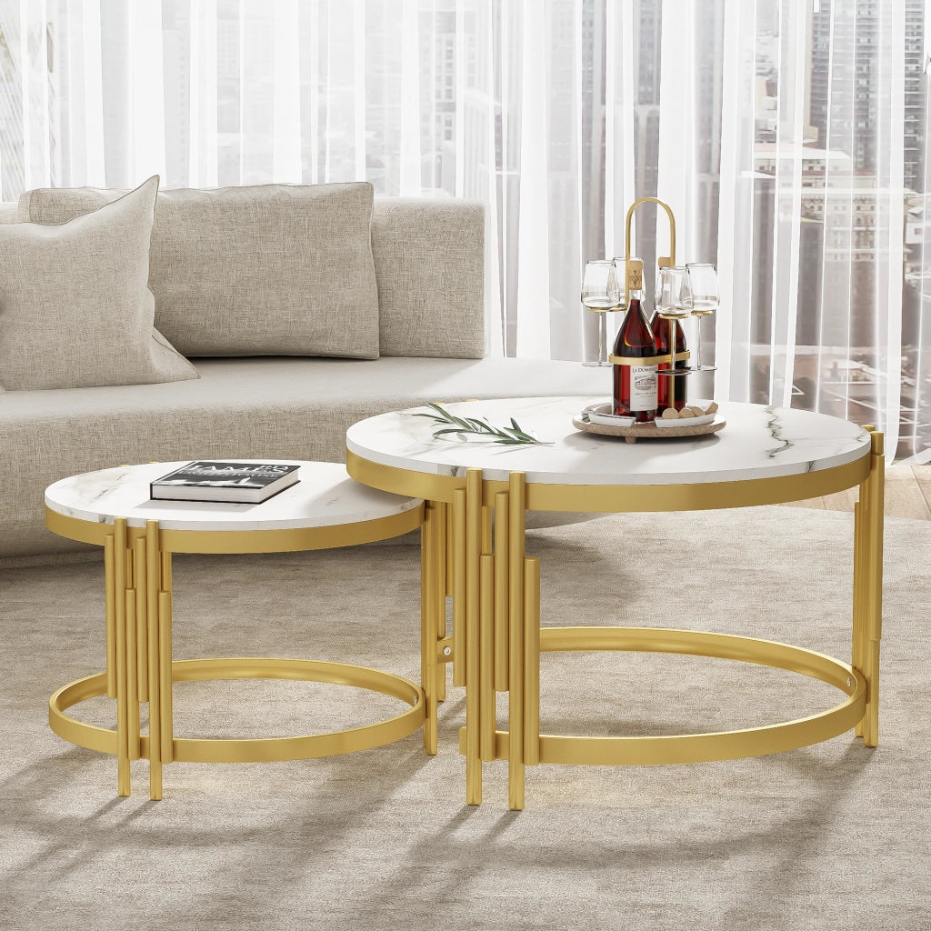 Set di tavolini da salotto 71.5x71.5x44 cm; impilabile; effetto marmo; MDF e metallo; ottone antico e bianco
