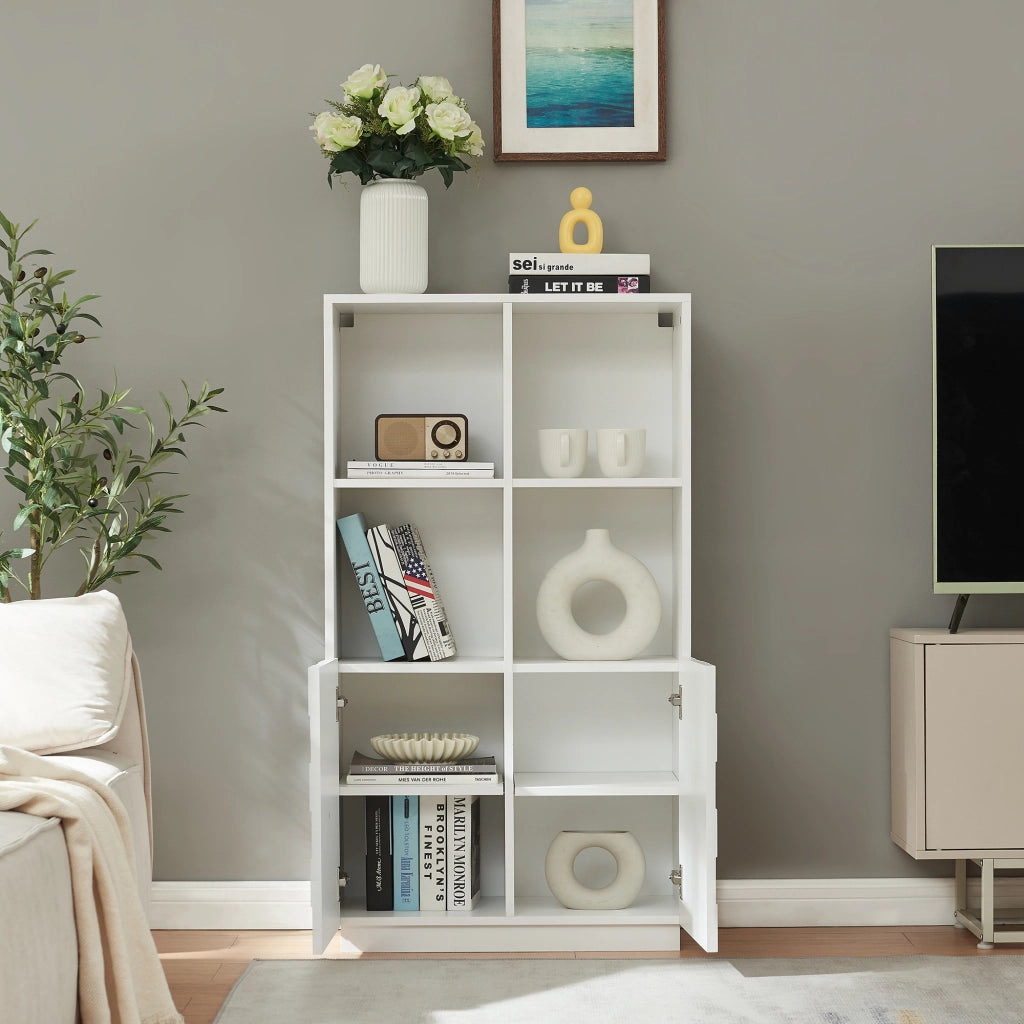 Armadio Comò Alto Bopibobro a 2 Ante Credenza con 4 Ripiani Aperti e 4 Vani Chiusi 118 x 64 x 30 cm - Bianco [en.casa]