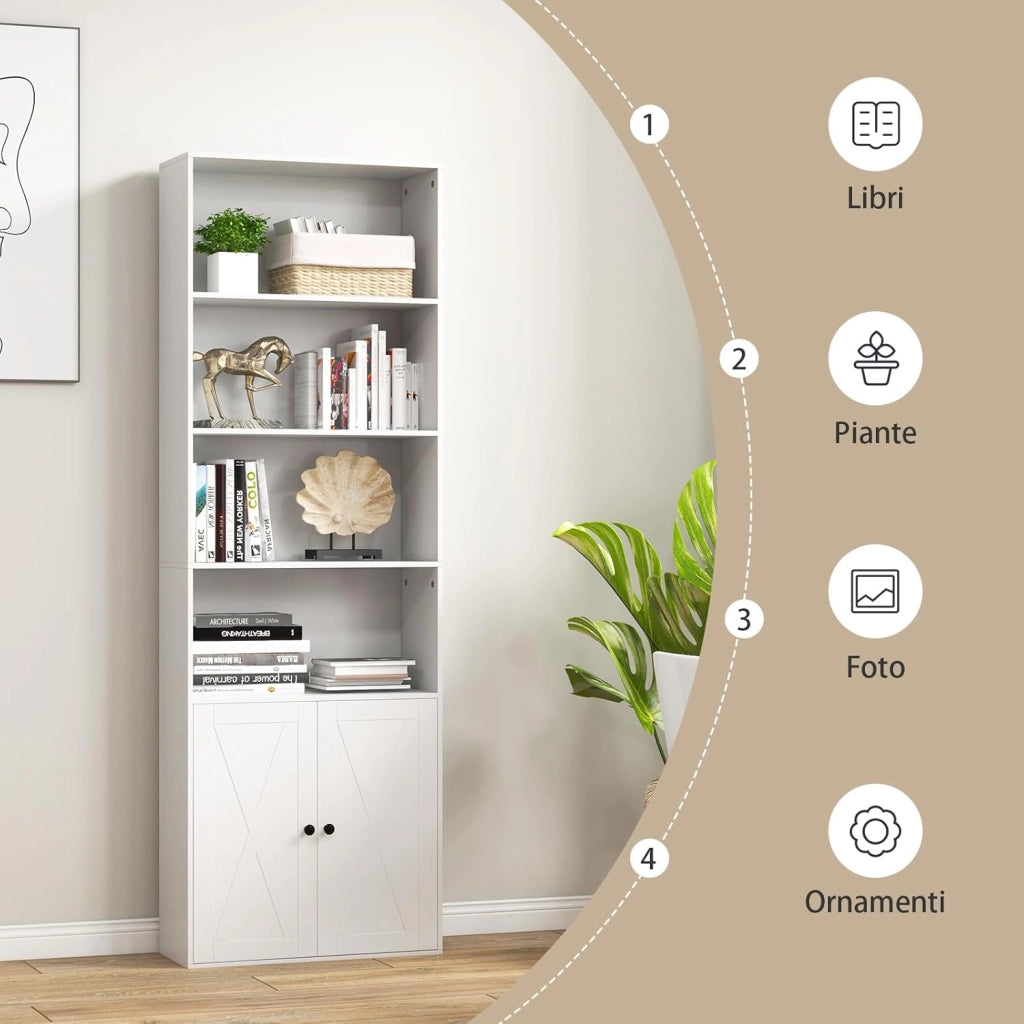 Libreria Scaffale con Ante, Libreria in Legno con 6 Ripiani e 2 Ante, Mobile Multiuso con Ripiano Regolabile per Soggiorno, Camera da Letto, Cucina, 60 x 24 x 180 cm, Bianco
