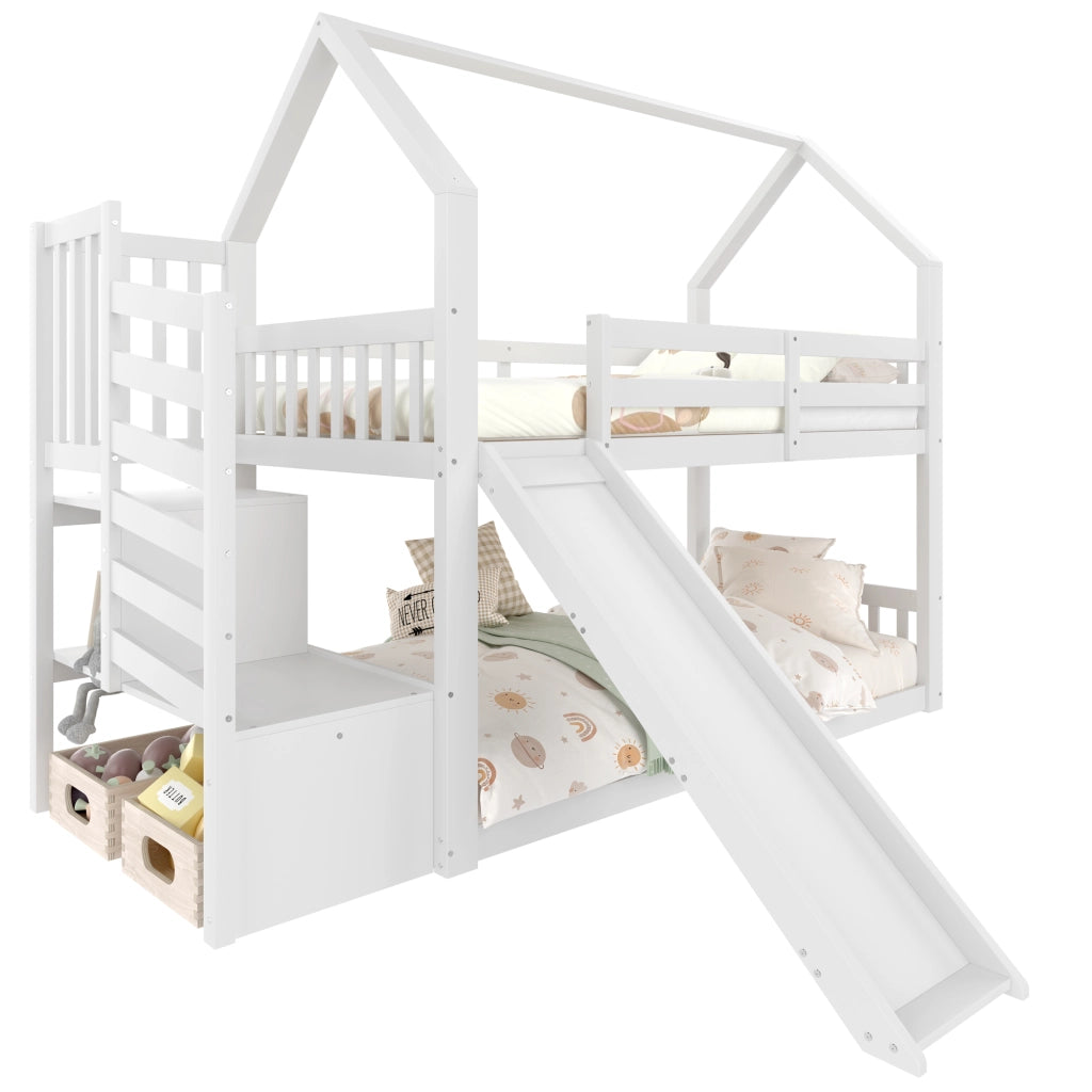 OKWISH Letto a Castello a Casetta 90×200 cm, Letto Singolo con Scala con Contenitore, Scivolo e Sponda, senza Materasso, Bianco