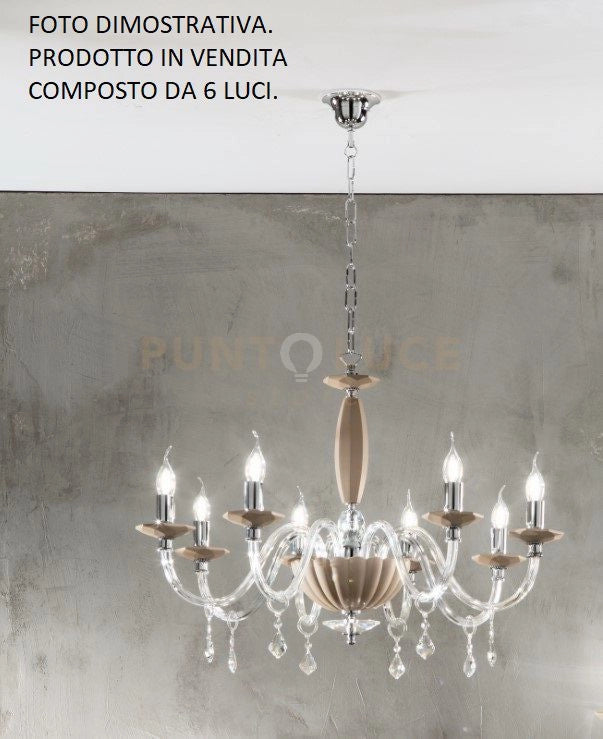 LAMPADARIO CECILIA 6 LUCI VETRO E CRISTALLO TORTORA E TRASPARENTE ATTACCO E14 D.60CM