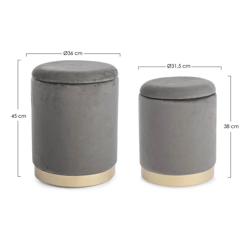 Set da 2 Pouf Contenitore Rotondi in Velluto con Base Dorata - SERENA