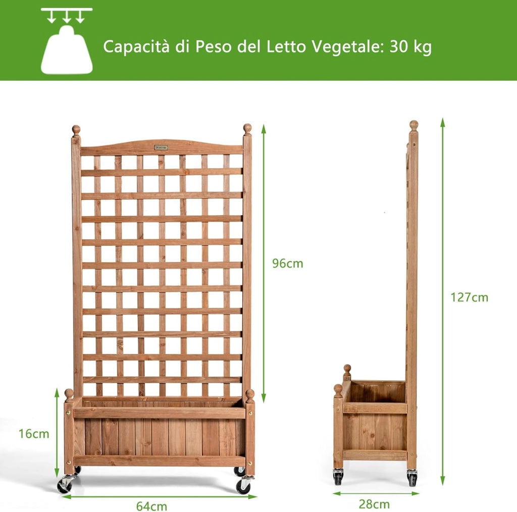 Fioriera in Legno Massiccio con Traliccio, Letto per Piante Rampicanti con Grigliato, Ruote Bloccabili e Foro di Drenaggio, Fioriera da Giardino, Terrazza e Cortile