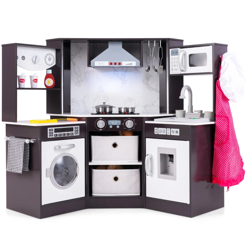 Cucina giocattolo per bambini in legno con luci e suoni realistici, Angolo cucina con cappa aspirante illuminata Caff¨¨-Cucine giocattoli