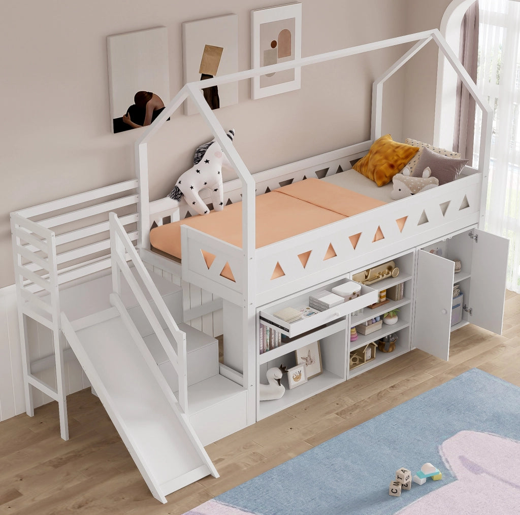 Letto singolo ULEVR 90x200 cm per bambini con scivolo, scale, cassetti e mobile contenitore, bianco
