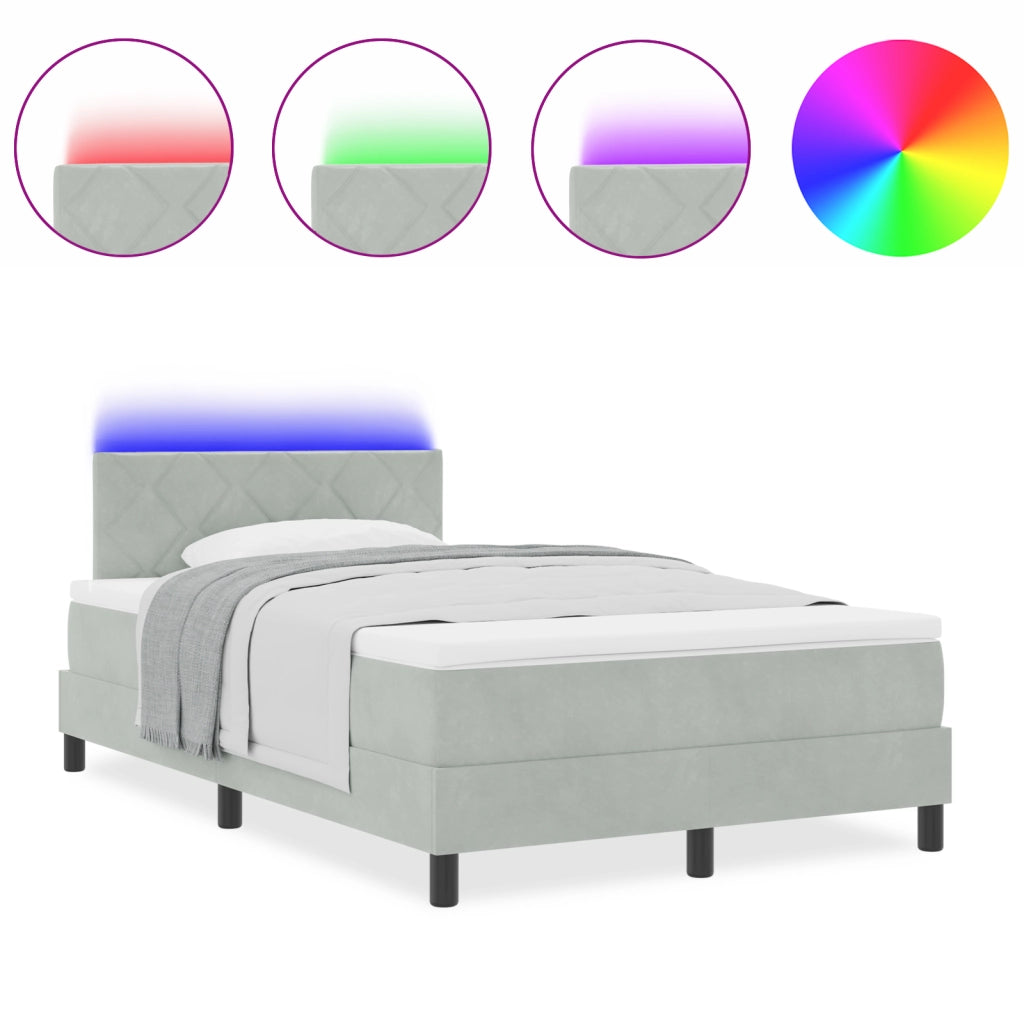 Letto a molle con materasso e luce LED grigia chiara 120x200 cm in velluto