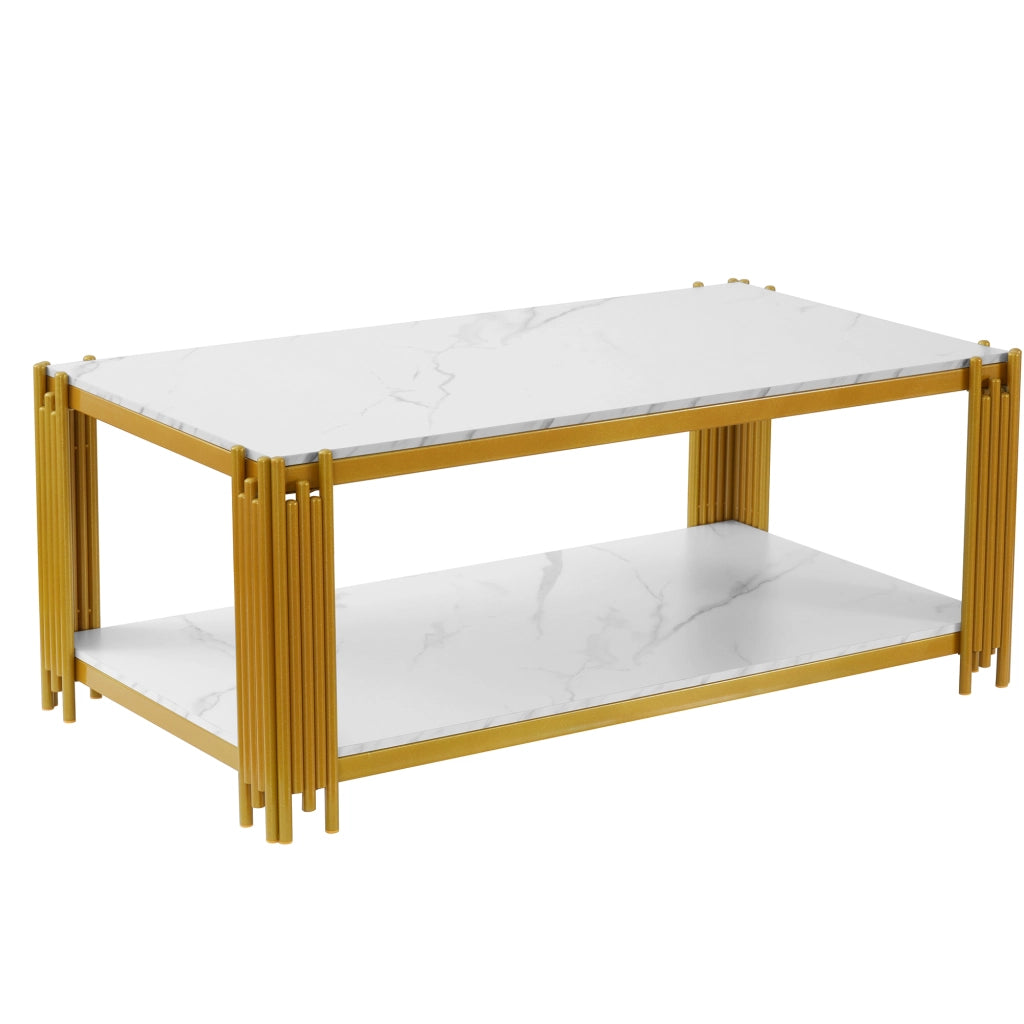 Tavolino da caffè rettangolare moderno con doppi ripiani, struttura in MDF e metallo, bianco/oro