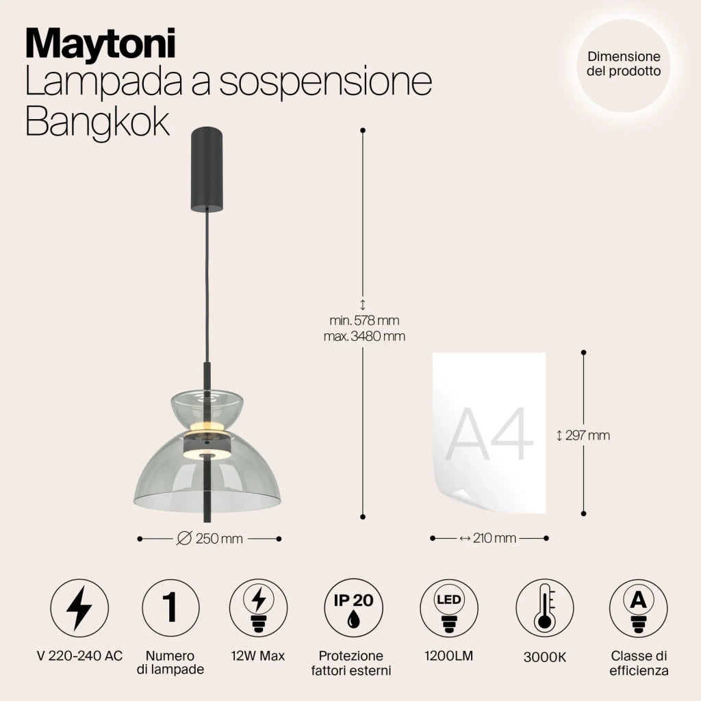 Maytoni Lampadario moderno Bangkok 1 luce LED integrato nero metallo vetro