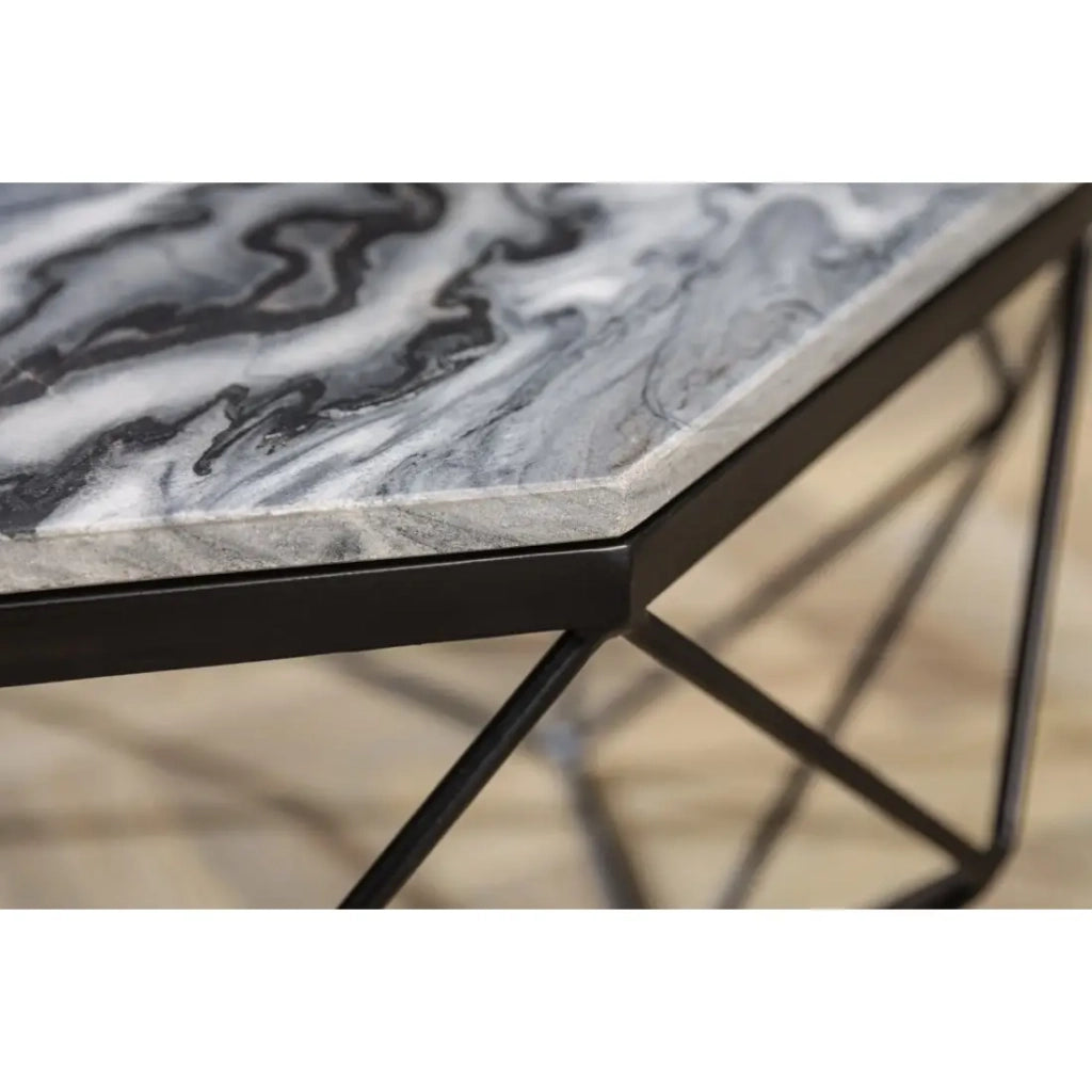 Tavolino basso NEXORA 70 cm in marmo grigio e metallo nero design geometrico