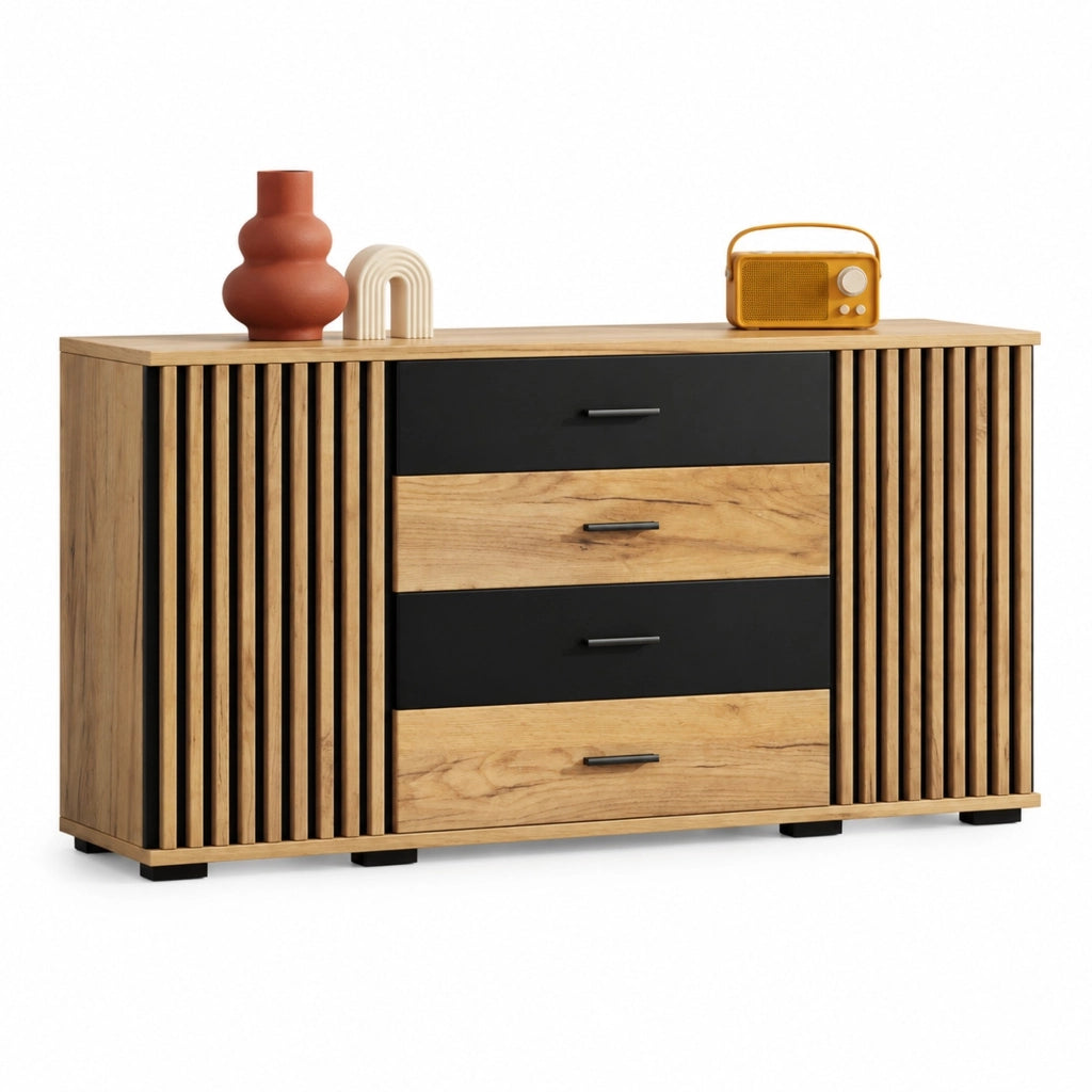 Credenza 140x35x70 cm in MDF, 4 cassetti e 2 ante