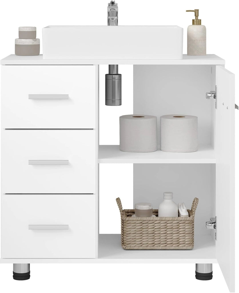 Mobile da Bagno Sottolavello, Mobile con 3 Cassetti e 2 Livelli, per Lavabo da Bagno Bianco, Legno Ingegnerizzato, con Ritaglio Per Sifone D17,5xL10 cm