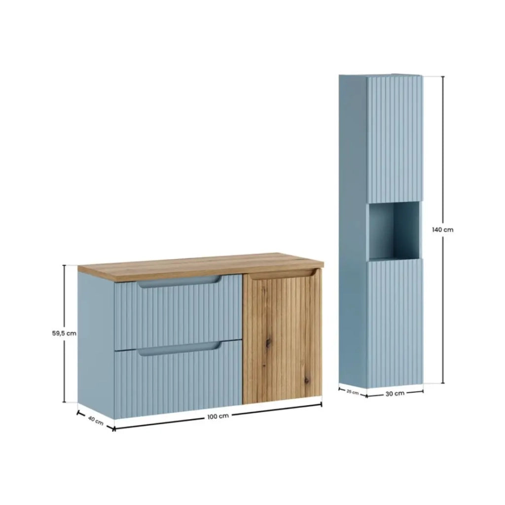 Set VANO blu denim e rovere chiaro 130cm: mobile sottolavabo con cassetti e cesto per la biancheria + piano per lavabo + colonna
