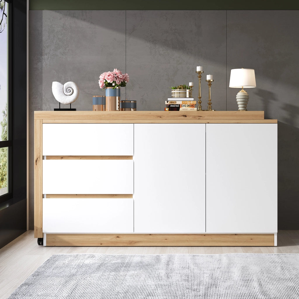 Scrivania pieghevole multifunzionale con 2 ante e 3 cassetti, girevole, per home office, bianco e rovere, 120 × 50 × 78 cm