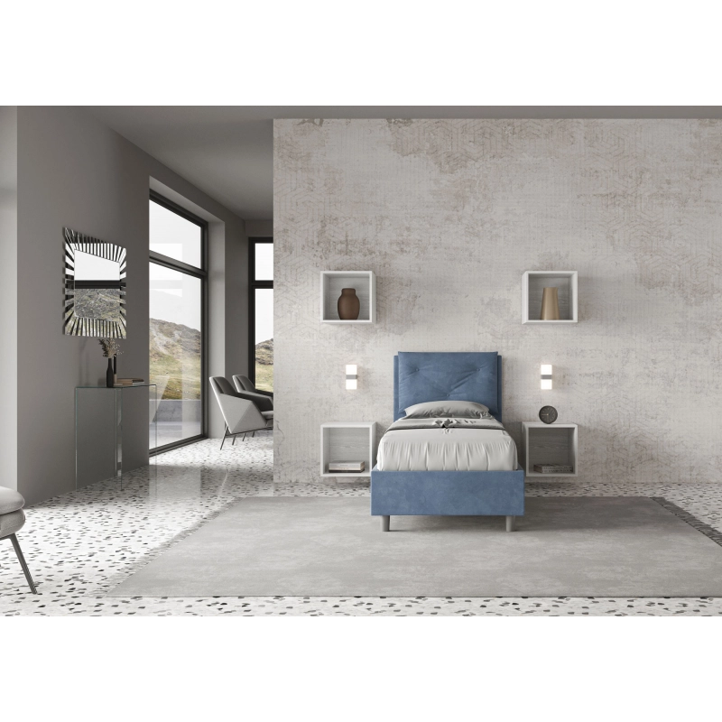 Letto imbottito Singolo 80x210 cm Appia - Con rete,Microfibra,Blu