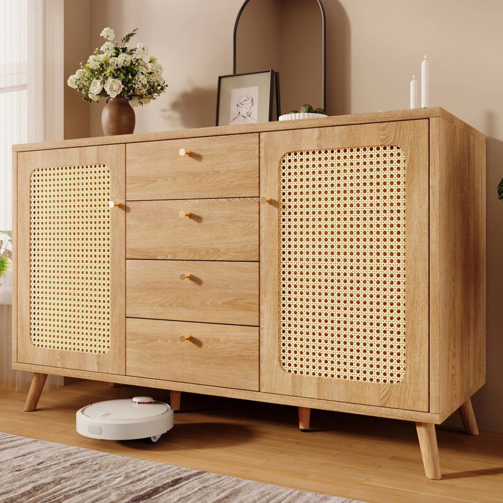 CREDENZA 140x40x86 cm Rovere Chiaro Effetto Rattan 4 Cassetti 2 Ante