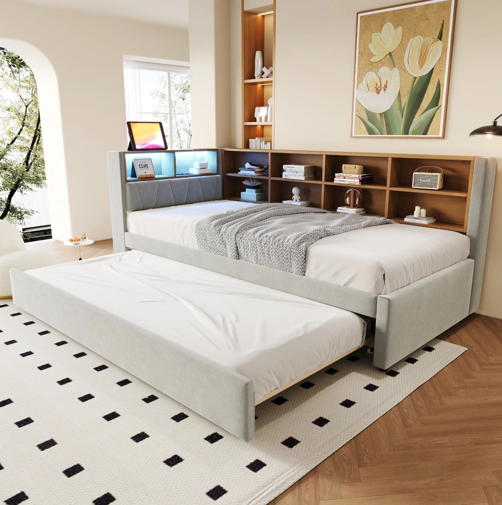 Divano letto singolo estraibile 90x200 cm grigio chiaro con LED