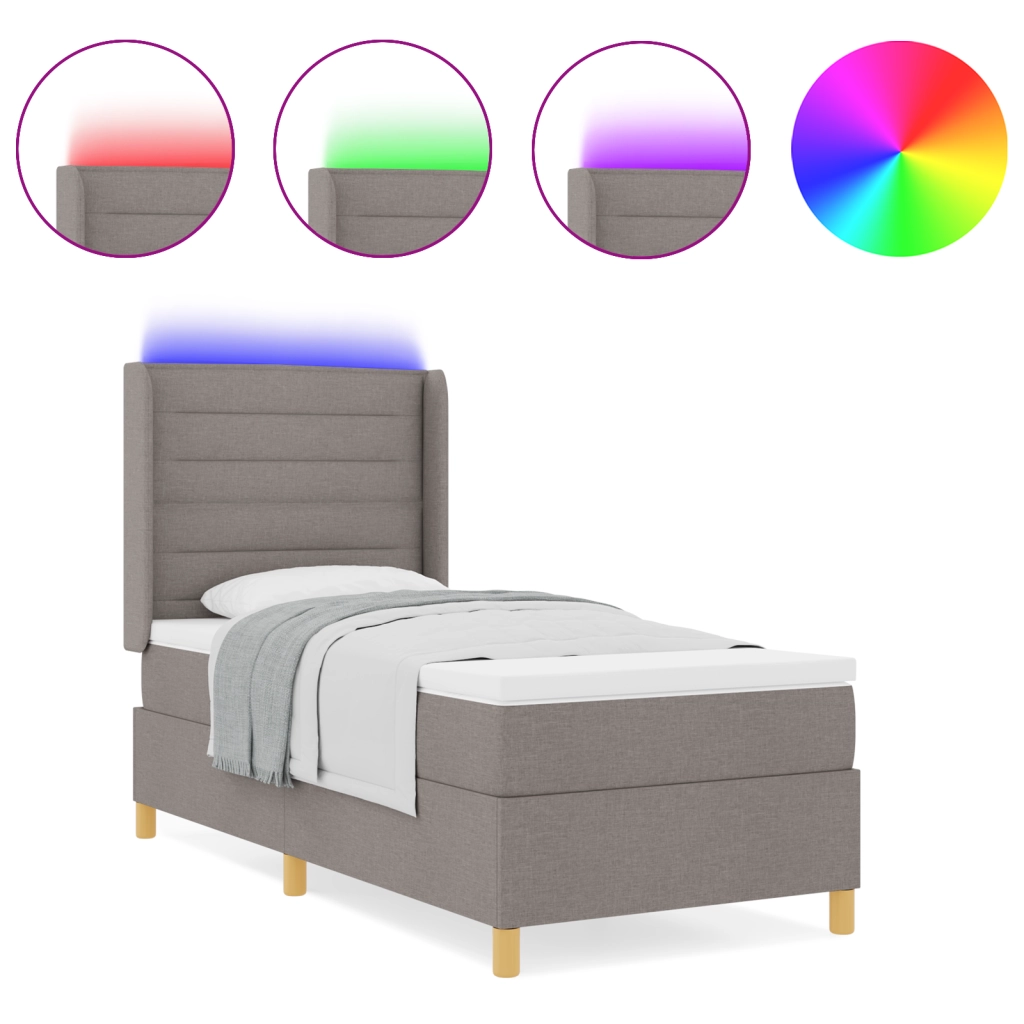 Letto Box Spring con Materasso e LED Tortora 90x200 cm Tessuto